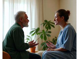 Psicólogo especializado en adultos atendiendo a un paciente en una sesión de terapia tranquila y empática.
